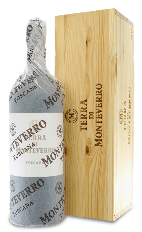 Terra di Monteverro IGT 2020 wine bottle with wooden box packaging.